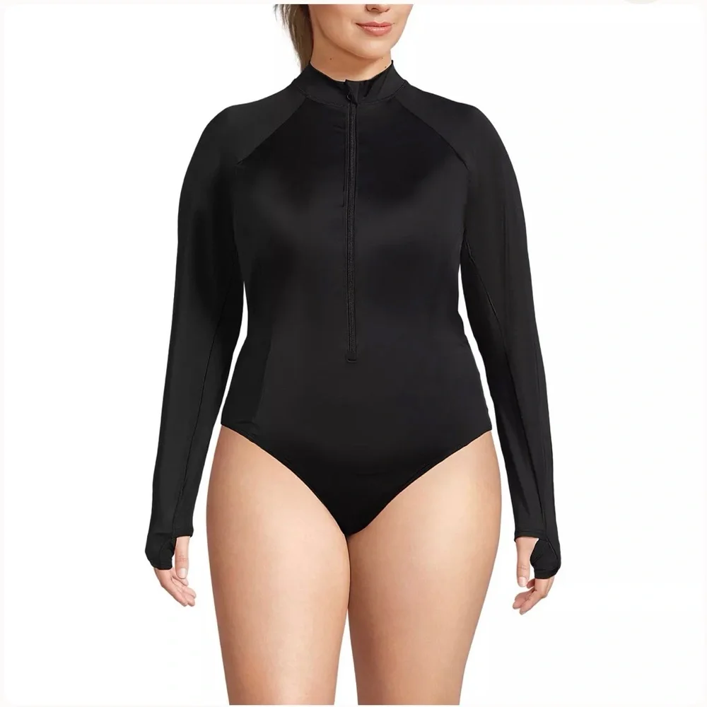 Black Long Sleeve Women's Swimsuit Lands End XL - Picture 2 of 7